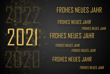 Banner oder Grußkarte 2021 frohes neues Jahr in goldener Schrift auf schwarzen Hintergrund für Webseite oder Präsentation
