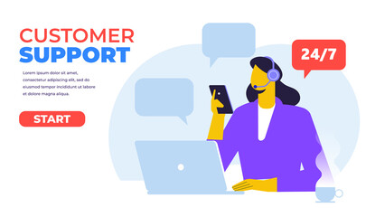 Customer support. Hotline operator. Concept illustration for support, call center. Woman with headphones and microphone with laptop. Flat Vector illustration