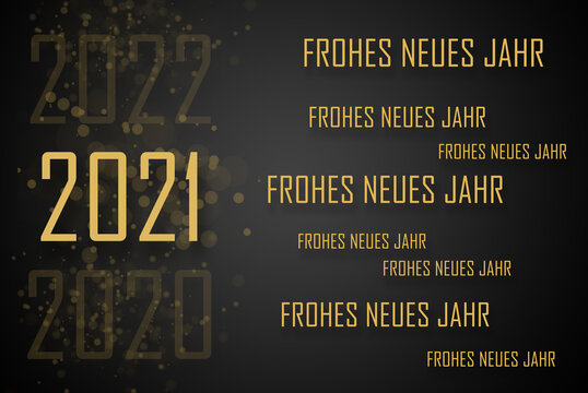 Banner oder Grußkarte 2021 frohes neues Jahr in goldener Schrift auf schwarzen Hintergrund für Webseite oder Präsentation