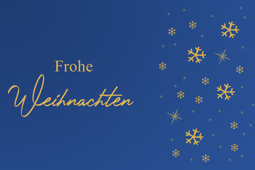 Schöne Weihnachtskarte als Banner oder für Präsentation mit Gruß Frohe Weihnachten und einigen goldenen Sternen und Schneeflocken auf blauen Hintergrund