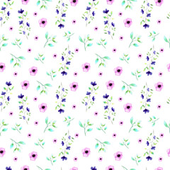 Watercolor illustration. Seamless pattern on a white background from light plants, green twigs, berries. Seamless pattern for print, background, fabric, etc.