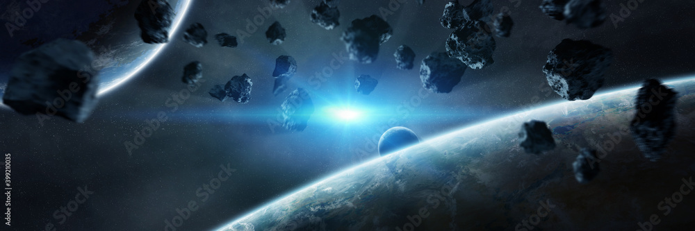 Fototapete panoramic space planets background. panorama of distant solar system with exoplanets 3d rendering el