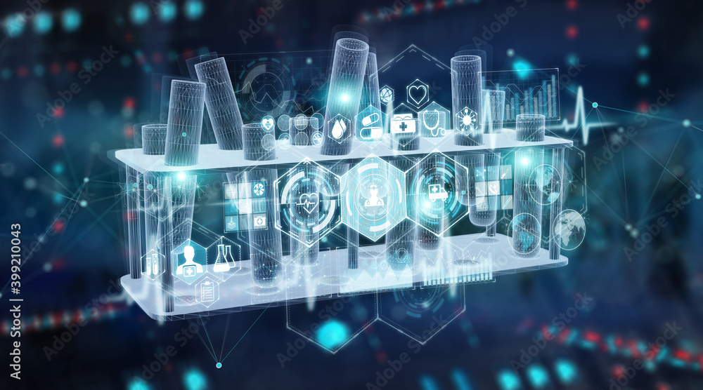 Aufkleber medical analysis tubes samples holographic projection on blue background 3d rendering