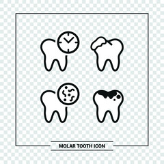 Vector image. Collection of grinding wheels icons. Image of cavities, molar implant and toothache.