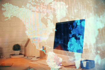Double exposure of stock market graph drawing and office interior background. Concept of financial...