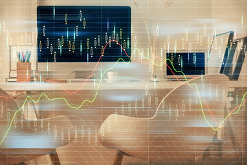 Double exposure of stock market graph drawing and office interior background. Concept of financial analysis.