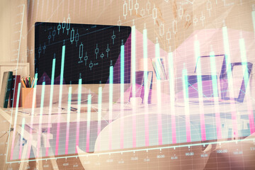 Double exposure of financial graph drawing and office interior background. Concept of stock market.