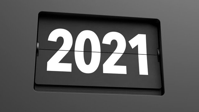 2020 - 2021. A flip clock calendar turns slowly from year 2020 to 2021. New Year / turn of the year concept. Ultra slow motion. High quality 3d animation.
