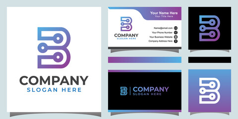 creative letter B technology with line art style logo and business card design
