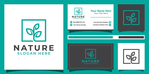 Nature tree or grow plant with square line art style logo and business card design