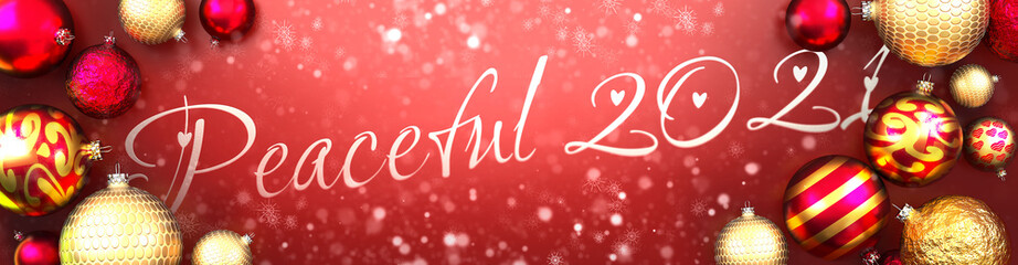 Peaceful 2021 and Christmas card, red background with Christmas ornament balls, snow and a fancy and elegant word Peaceful 2021, 3d illustration