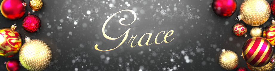 Grace and Christmas,fancy black background card with Christmas ornament balls, snow and an elegant word Grace, 3d illustration