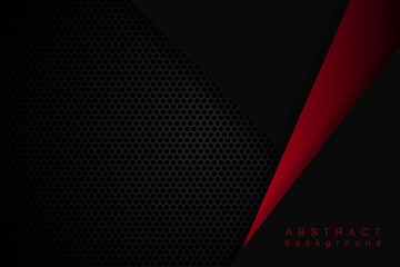 Dark abstract background with carbon fiber and triangular shapes. Black carbon textured pattern. Red and black geometric shapes.