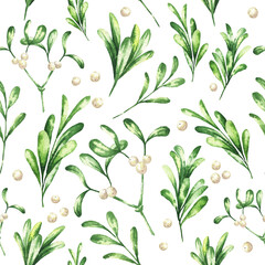 Mistletoe seamless floral pattern with green leaves and white Christmas season watercolor illustration. Botanical watercolour design.