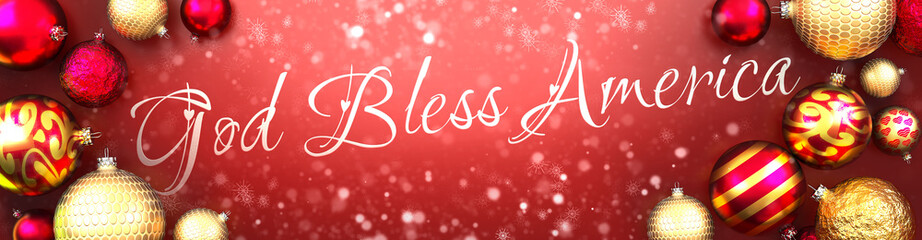 God bless america and Christmas card, red background with Christmas ornament balls, snow and a fancy and elegant word God bless america, 3d illustration