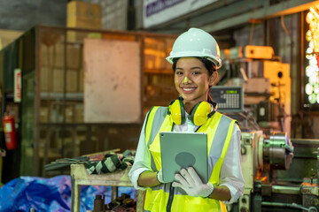 Industry engineer woman using a digital tablet checking production at factory.