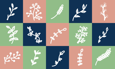 Branch hand drawn green blue white floral cranberry viburnum ear of wheat corn rye olive plants flower. Raster illustration decor bottle card square background package florist shop art cosmetic design