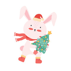 Cute pink baby rabbit with Santa hat and Christmas tree. Christmas funny cartoon animal isolated on a white background. Bunny having fun on winter holidays. Happy new year. Vector flat illustration.