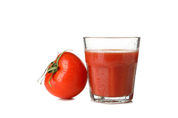 Glass of tomato juice and tomato isolated on white background