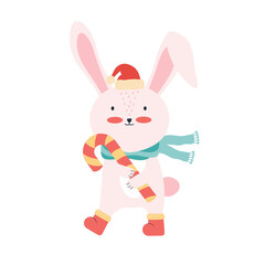 Cute pink baby rabbit in Santa hat with candy cane. Christmas funny cartoon animal isolated on a white background. Bunny having fun on winter holidays. Happy new year. Vector flat illustration.