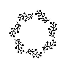 Fototapeta premium Wedding wreath black laurel ring divider on white backdrop. Round floral hand drawn Christmas, New Year plant circle branch frame design. Good to invitation greeting card, textile fabric t-shirt bag