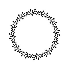 Black floral leaf drawing brushes border round frame element in doodle style white background. New Year berry christmas image illustration for wedding invitation textile fabric girl bag greeting card