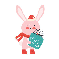 Obraz premium Cute pink baby rabbit in Santa hat with a big gift box. Christmas funny cartoon animal isolated on a white background. Bunny having fun on winter holidays. Happy new year. Vector flat illustration.