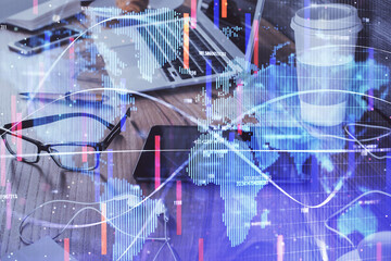 Double exposure of financial theme drawing and cell phone background. Concept of business