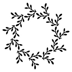 Black floral hand-drawn round branch border frame, element in doodle style on white background image. Berry Christmas olive tree New Year illustration for wedding invitation textile greeting card