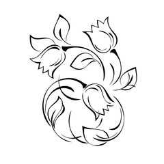 ornament 1429. decorative element with stylized flower buds, leaves and curls in black lines on a white background