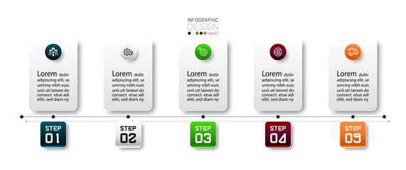 5 steps in the presentation to explain the work process in square shape design. vector infographic.