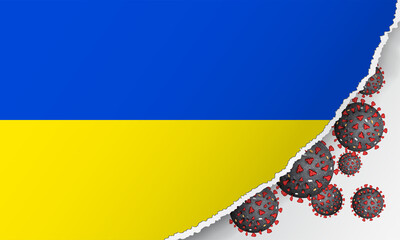 Flag of Ukraine with outbreak deadly coronavirus covid-19. Banner with the spread of Coronavirus 2019-nCoV. A large bacteriums against background of national flag. Concept of coronavirus quarantine.