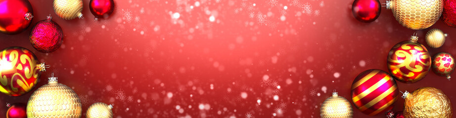  Christmas card, red background with Christmas ornament balls and snow , 3d illustration