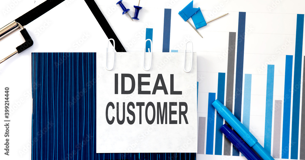 Poster notebook with toolls and notes about ideal customer on sticker ,concept