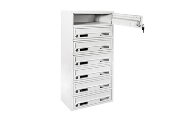 Mail boxes filled of leaflets and letters. Shallow 
 Mailboxes and Lock in Rows at Entrance