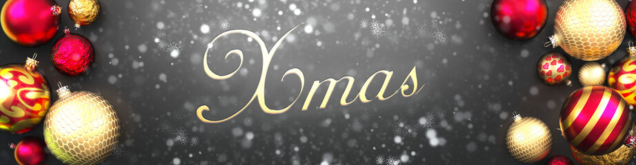 Xmas elegant, black background card, ornament balls, snow and a fancy and elegant word Xmas, 3d illustration