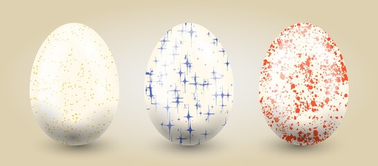 Traditional set of eggs in pastel hand drawn textures on a light gradient background.