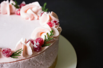Christmas cake with cranberry and  pomegranate.  Cheese cake with  Candied Cranberries, Christmas fruit cake on black background