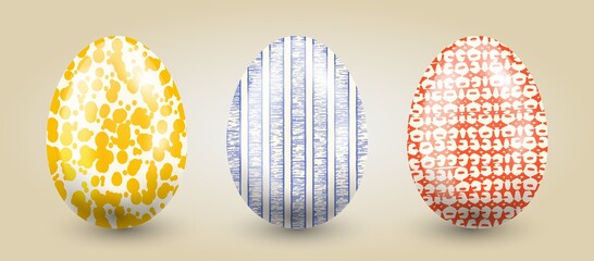 Traditional set of eggs in pastel hand drawn textures on a light gradient background.