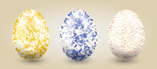 Traditional set of eggs in pastel hand drawn textures on a light gradient background.