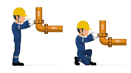 An industrial worker is fastening flange on white background.