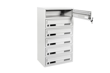 Mail boxes filled of leaflets and letters. Shallow 
 Mailboxes and Lock in Rows at Entrance