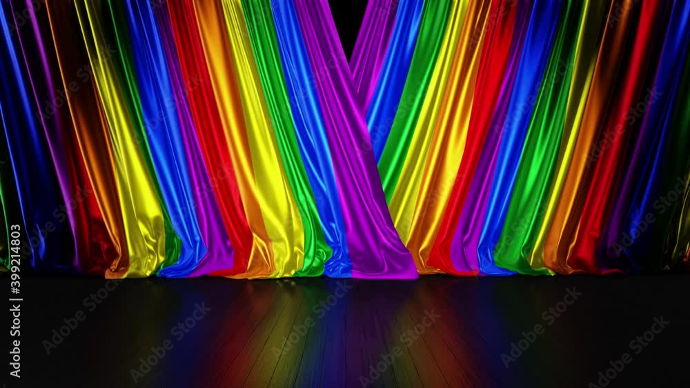 Poster realistic 3d animation of the colorful rainbow striped curtains rendered in uhd, alpha matte is incl