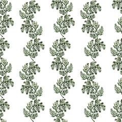 Watercolor seamless pattern with stylized twigs, flowers and leaves of the Wormwood plant