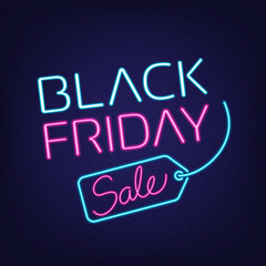 Black Friday Sale neon sign vector design template for light banner, neon signboard, nightly bright advertising, light inscription.