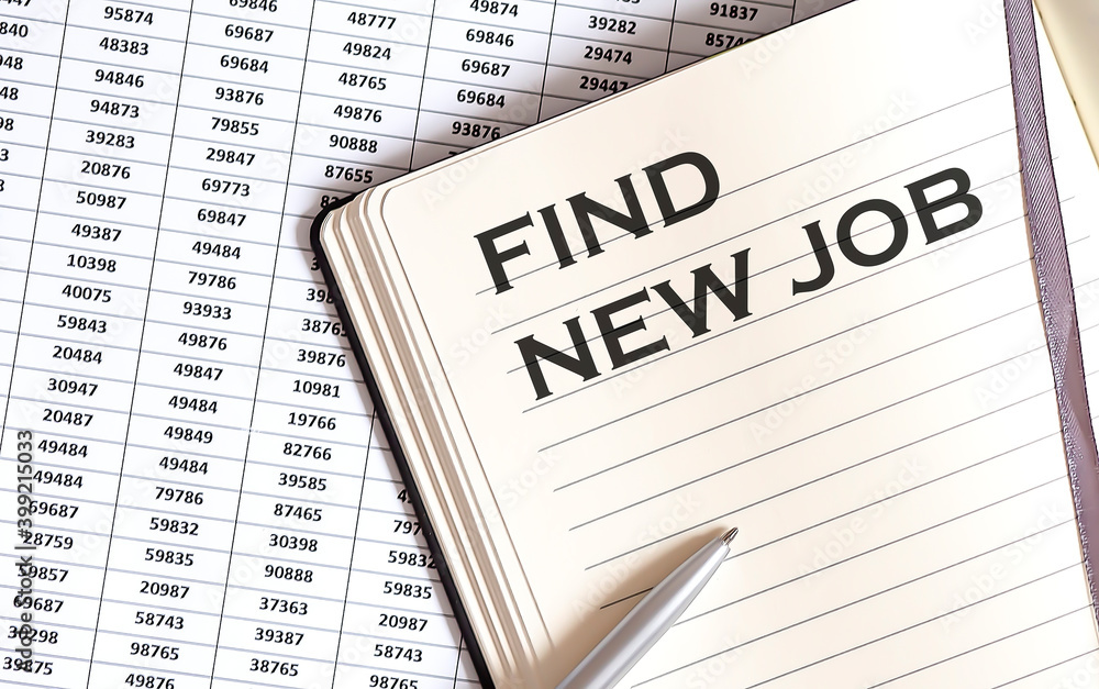 Poster business concept, on the table a notepad with the text of the find new job