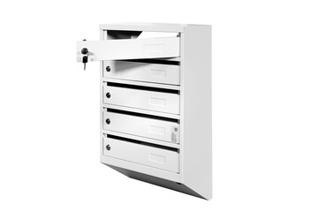 Mail boxes filled of leaflets and letters. Shallow 
 Mailboxes and Lock in Rows at Entrance