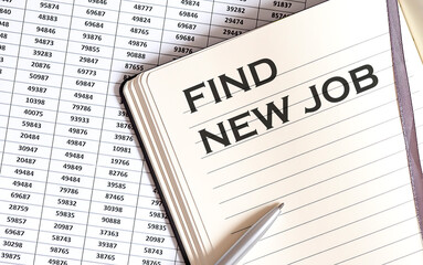 Fototapeta premium Business concept, on the table a notepad with the text of the FIND NEW JOB