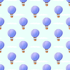 Children's seamless pattern with blue balloons and clouds