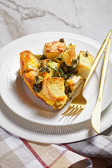 Strata on a white plate, vertical orientation